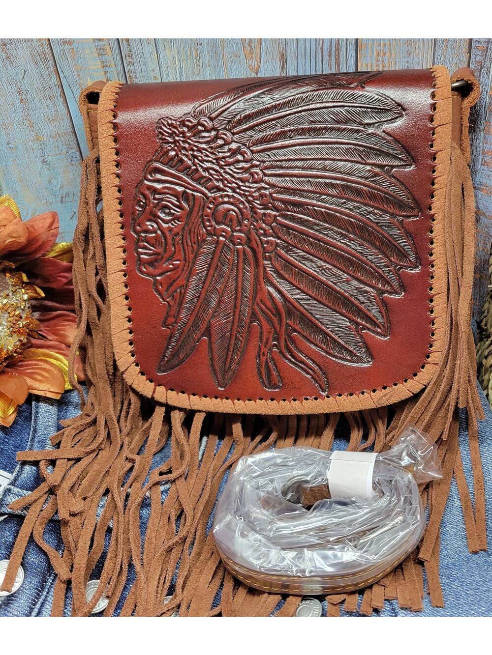 Native American Chief Head Crossbody Fringed Purse Genuine Leather Embossed Brow